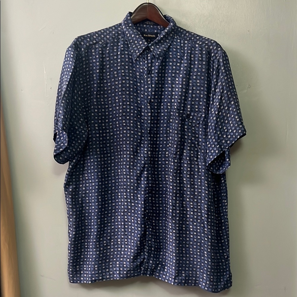 Vintage Casual Blue Silk Button Down Shirt with Geometric Pattern